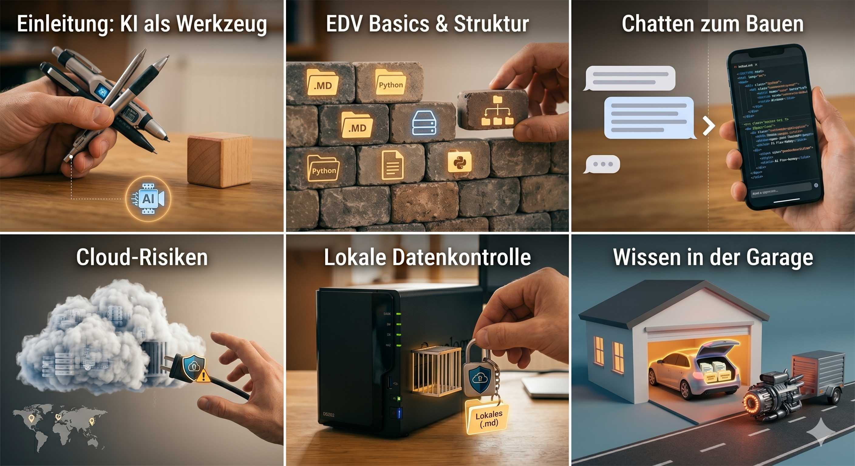 6-Panel Grafik über KI-Werkzeuge, EDV-Basics und lokale Datenspeicherung